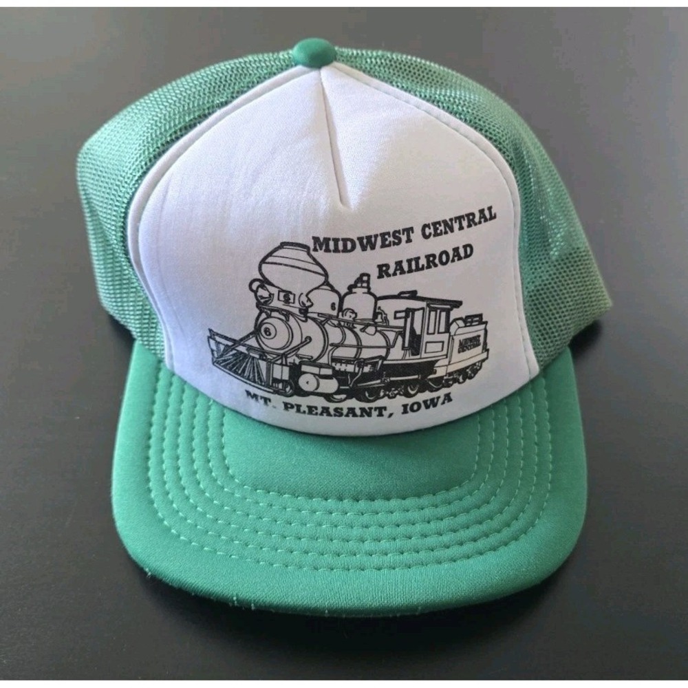 Vintage Midwest Central Railroad Train Snapback Green White Trucker Mesh Hat Cap